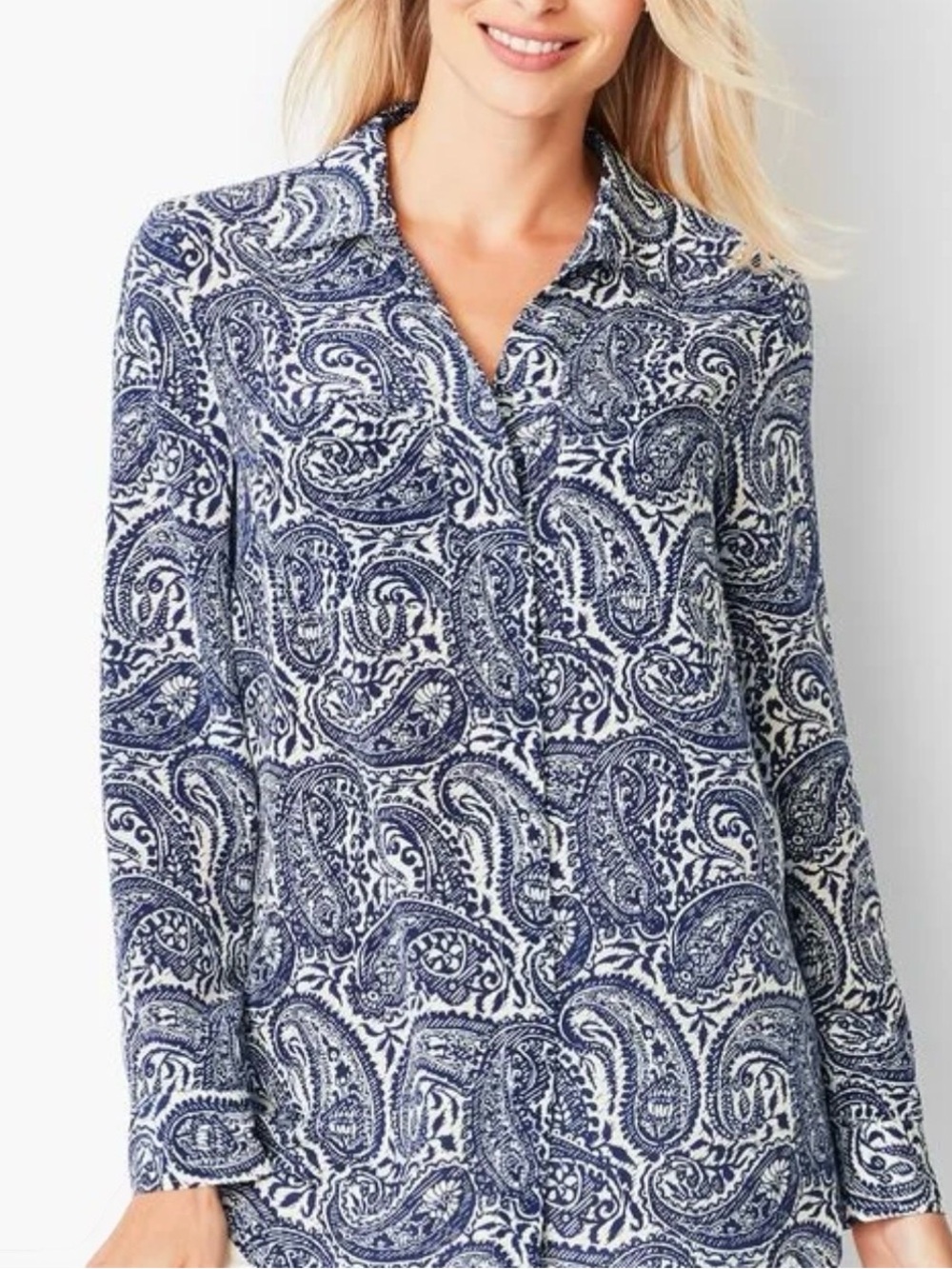 Talbots Navy & White Paisley Button-Up Wrinkle Resistant Shirt Women’s 12P
